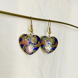 Heart-Shaped Cloisonné Floral Drop Earrings - Blue